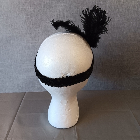 1920s Flapper Feather Headband Showgirl Headpiece Gatsby Style Sequin Stretch - Picture 3 of 5